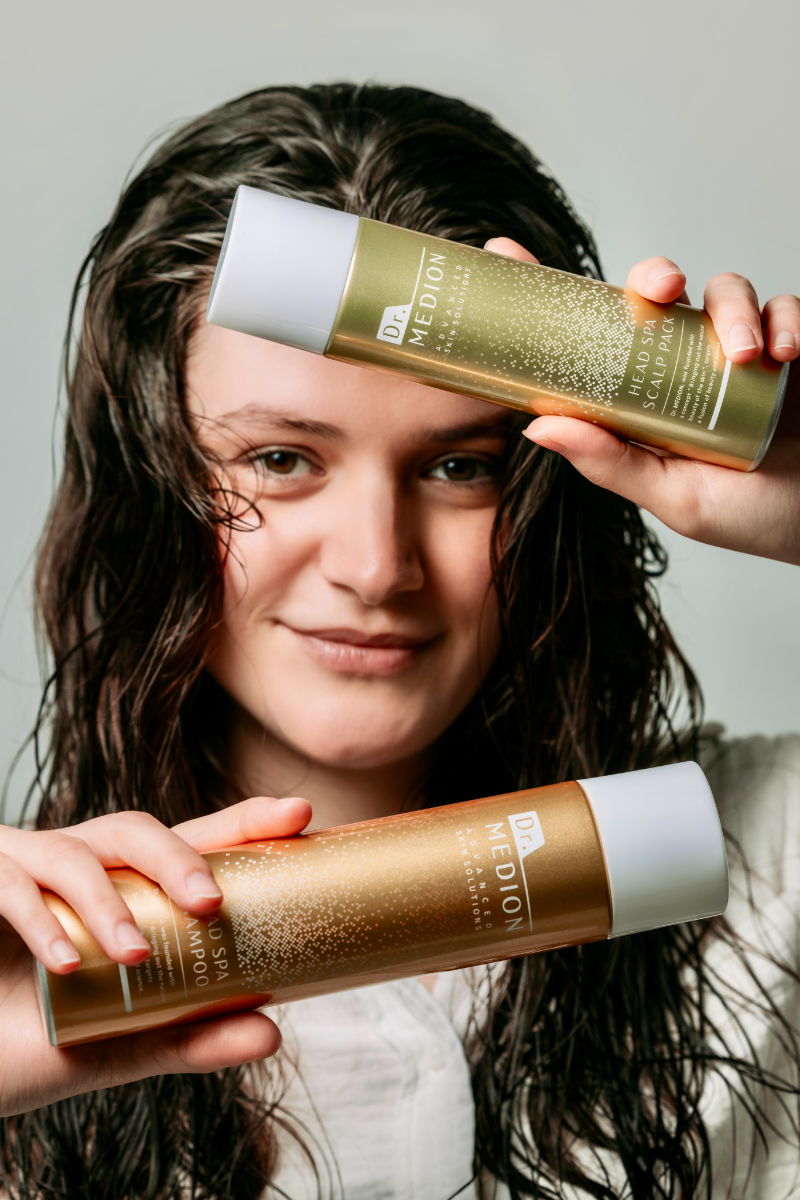 Close-up of Dr. Medion Head Spa Shampoo showing with Scalp Pack