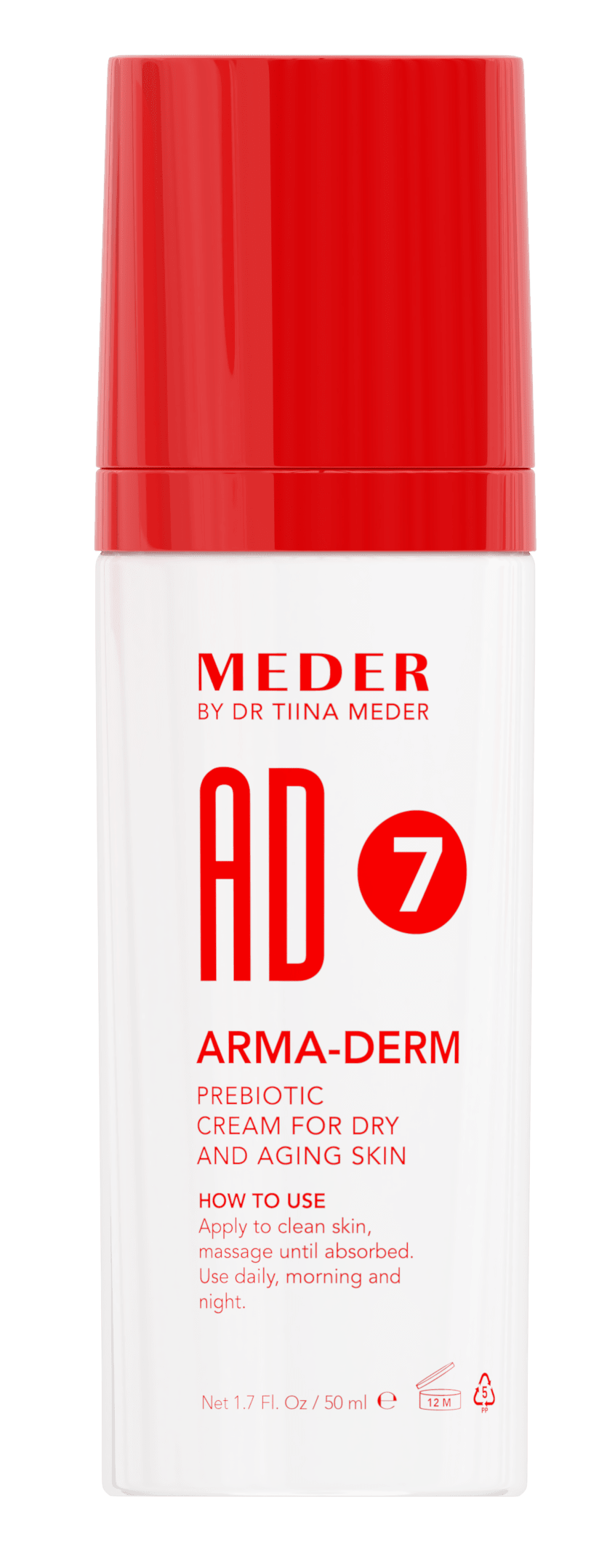 MEDER Arma-Derm Cream (7AD) tube back label with product description and usage instructions
