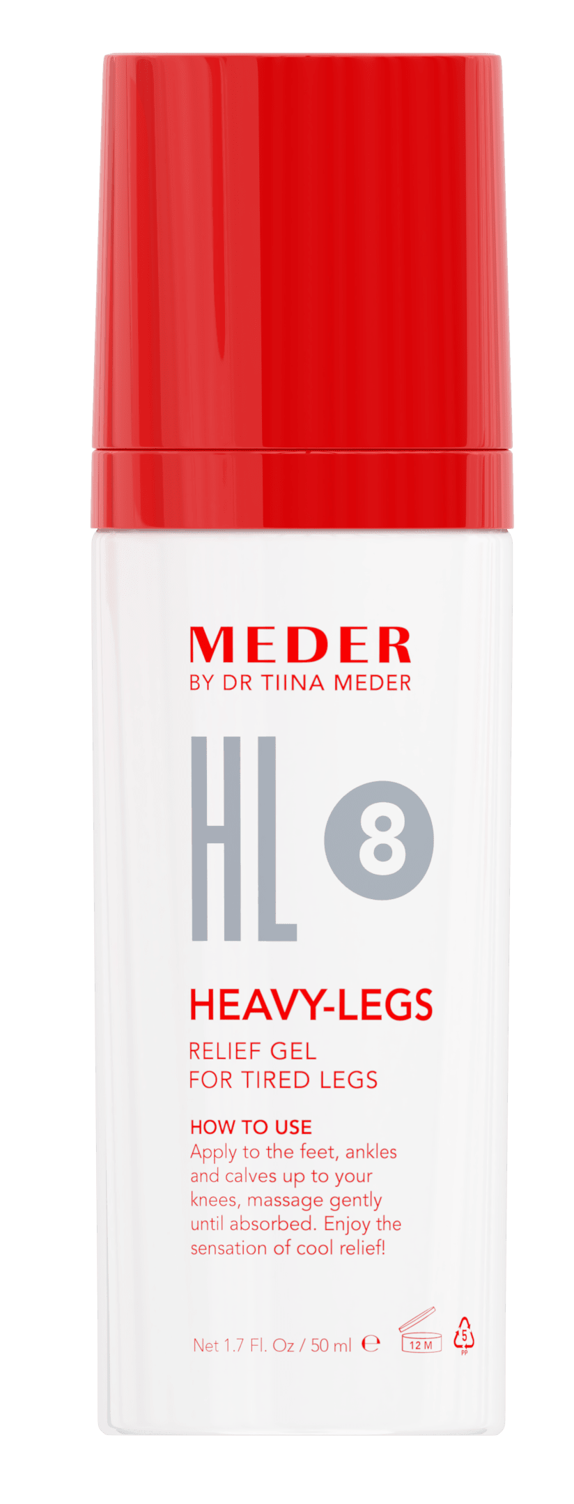 MEDER Heavy-Legs Relief Gel for Tired Legs (8HL) tube back label with product description and usage instructions