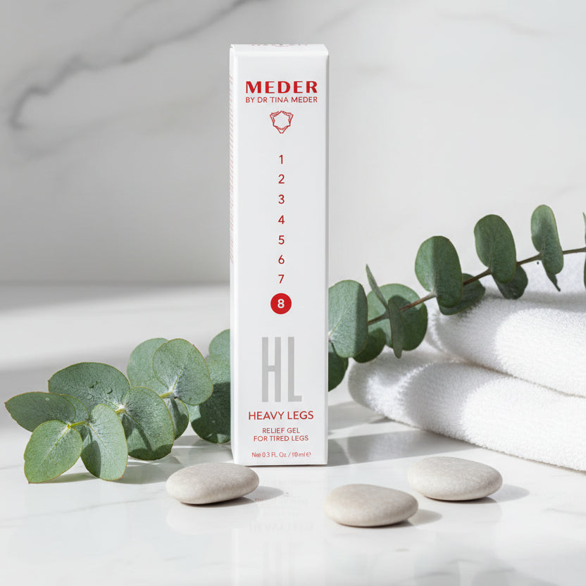 MEDER Heavy-Legs travel size relief gel box styled with eucalyptus leaves and spa stones