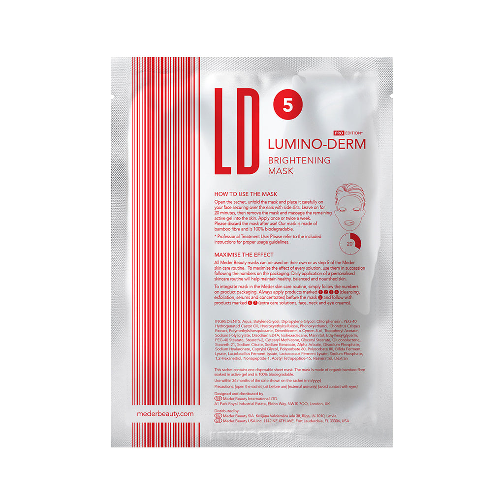 MEDER Lumino-Derm Mask, reverse side of the sachet with usage instructions and ingredients