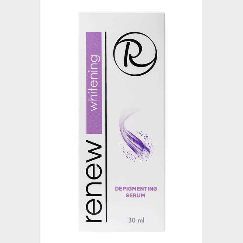 Renew Depigmenting Serum bottle with packaging, showcasing sleek design