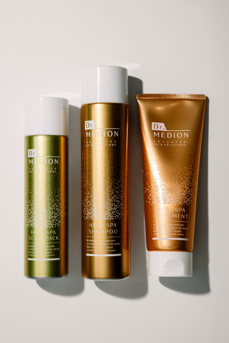 Dr. Medion Head Spa Set with Scalp, Shampoo, and Treatment bottles on white background.