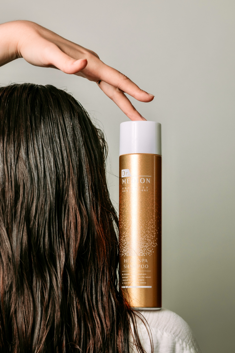 Single bottle of Dr. Medion Head Spa Shampoo isolated, highlighting packaging.
