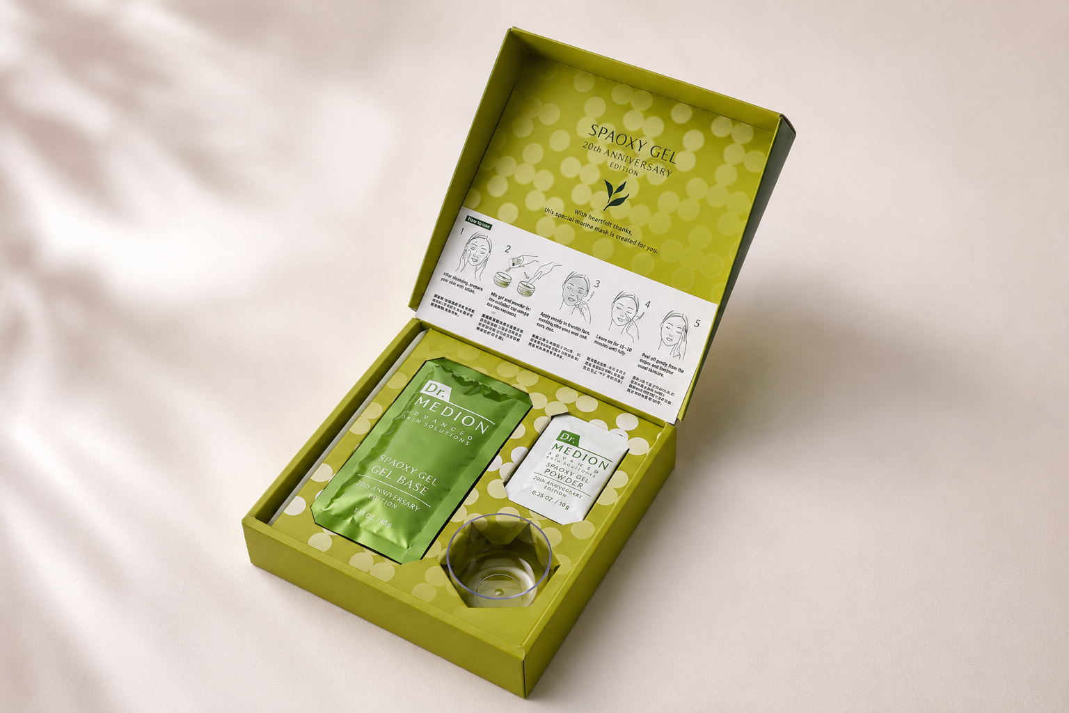 Dr. Medion Spaoxy Gel Matcha Limited Edition CO2 mask box opened with sachets and mixing cup