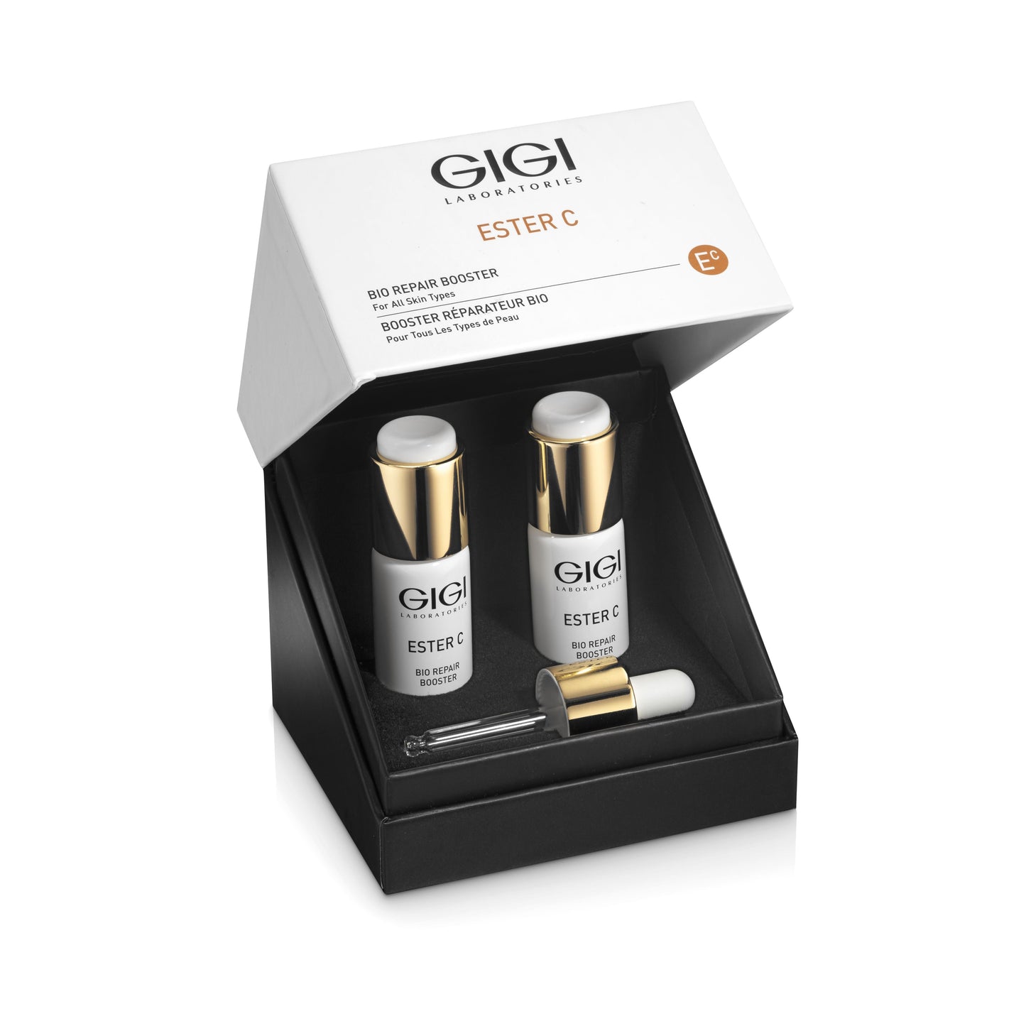 GIGI Ester C Bio Repair Booster presentation box opened, showing two 9 ml vials and the glass dropper