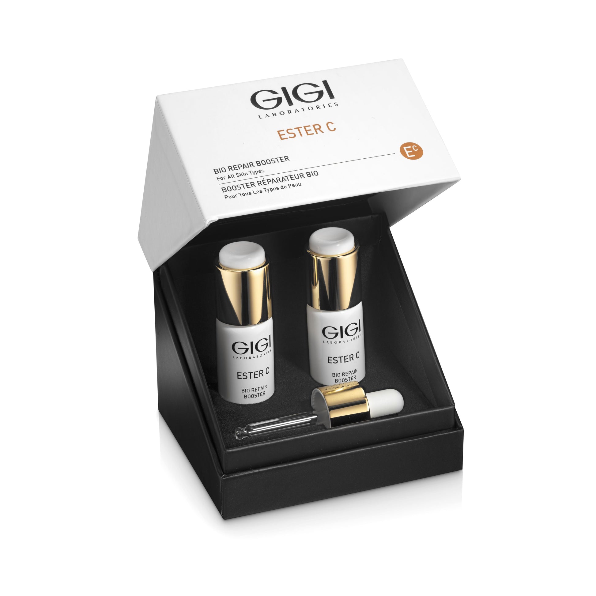 GIGI Ester C Bio Repair Booster presentation box opened, showing two 9 ml vials and the glass dropper