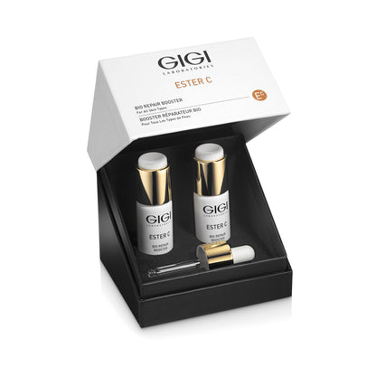GIGI Ester C Bio Repair Booster presentation box opened, showing two 9 ml vials and the glass dropper