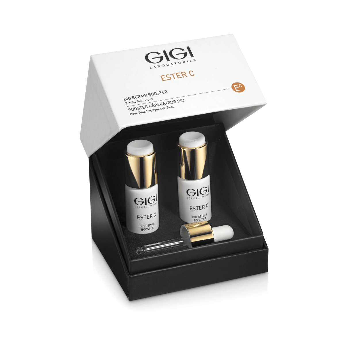 GIGI Ester C Bio Repair Booster vitamin C serum vials with gold caps beside the Ester C box