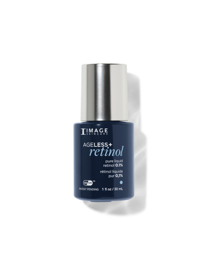 Close-up of IMAGE Skincare AGELESS+ retinol 0.1% dropper bottle – premium skincare product