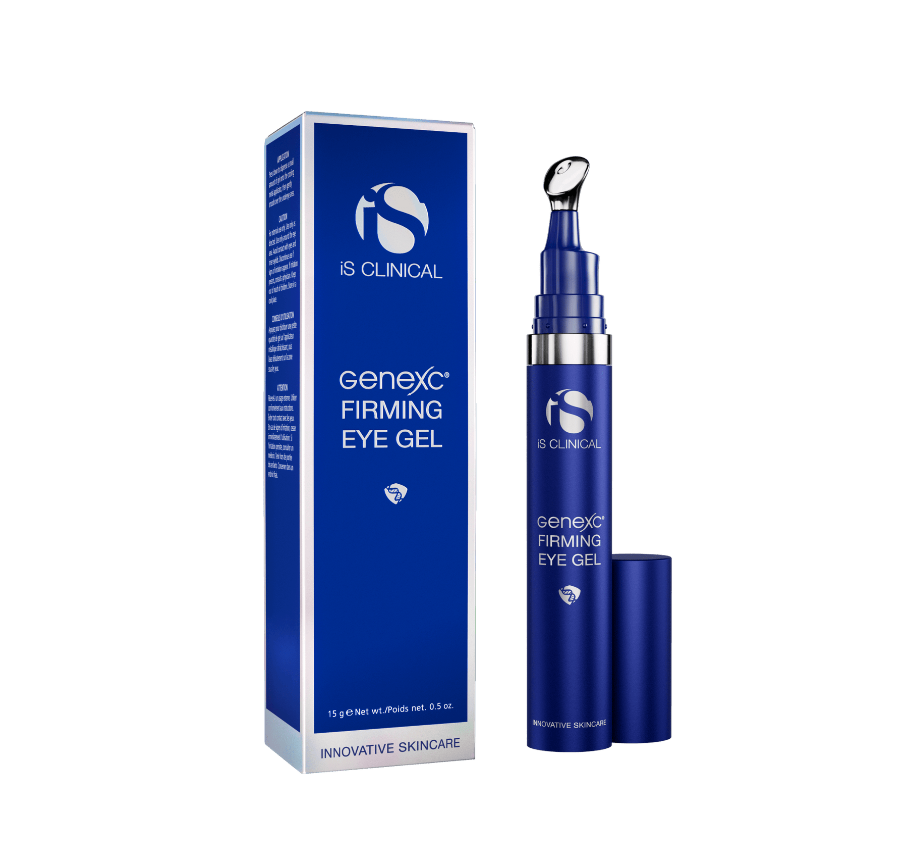 GeneXC Firming Eye Gel by iS Clinical beside its blue retail packaging