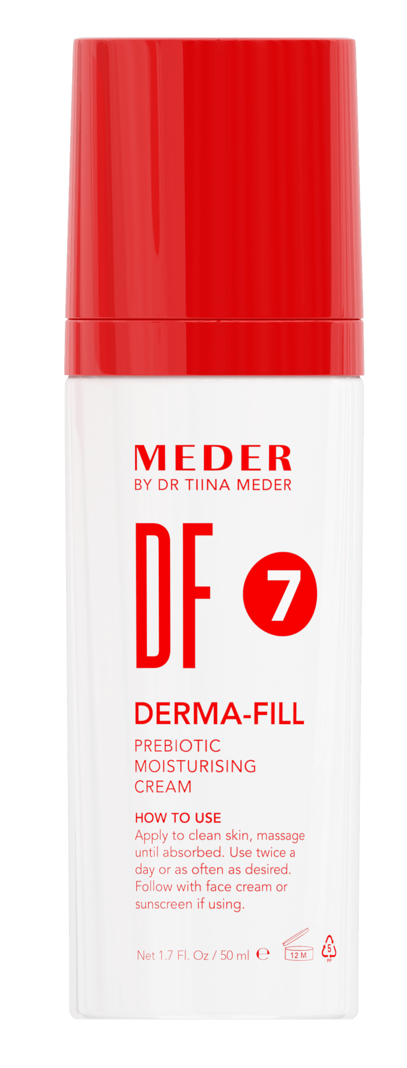 MEDER Derma-Fill Cream (7DF) tube back label with product description and usage instructions