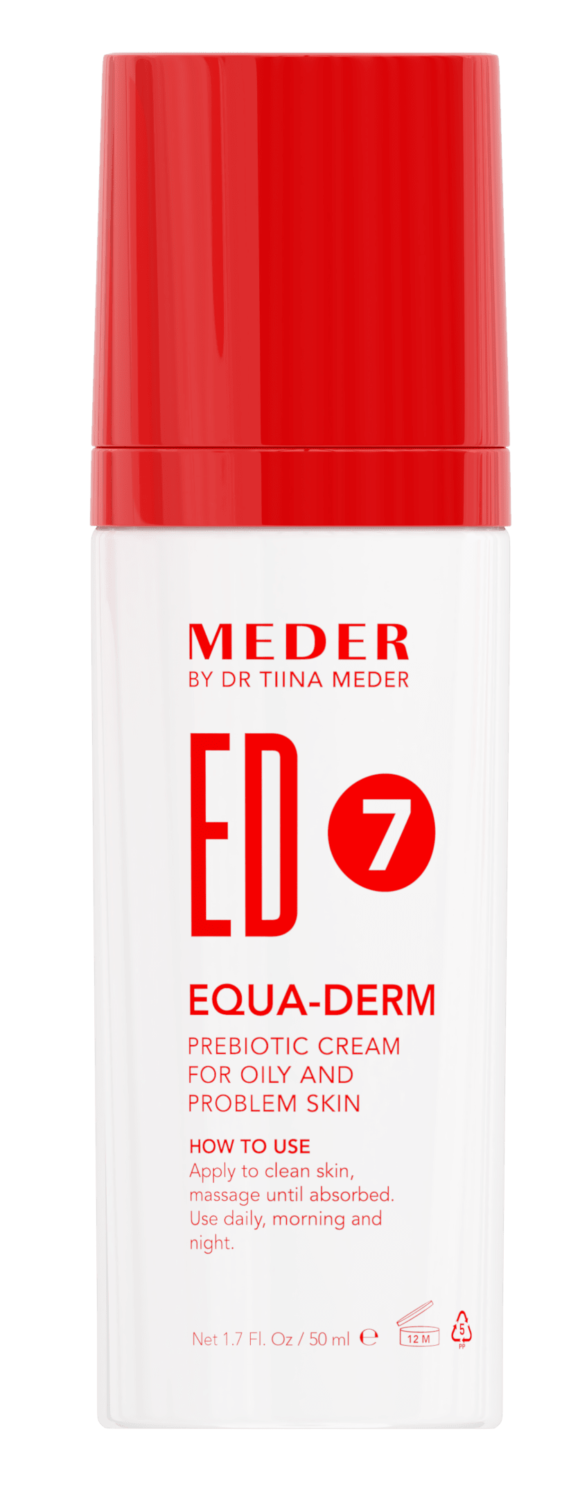 MEDER Equa-Derm Cream (7ED) tube back label with product description and usage instructions