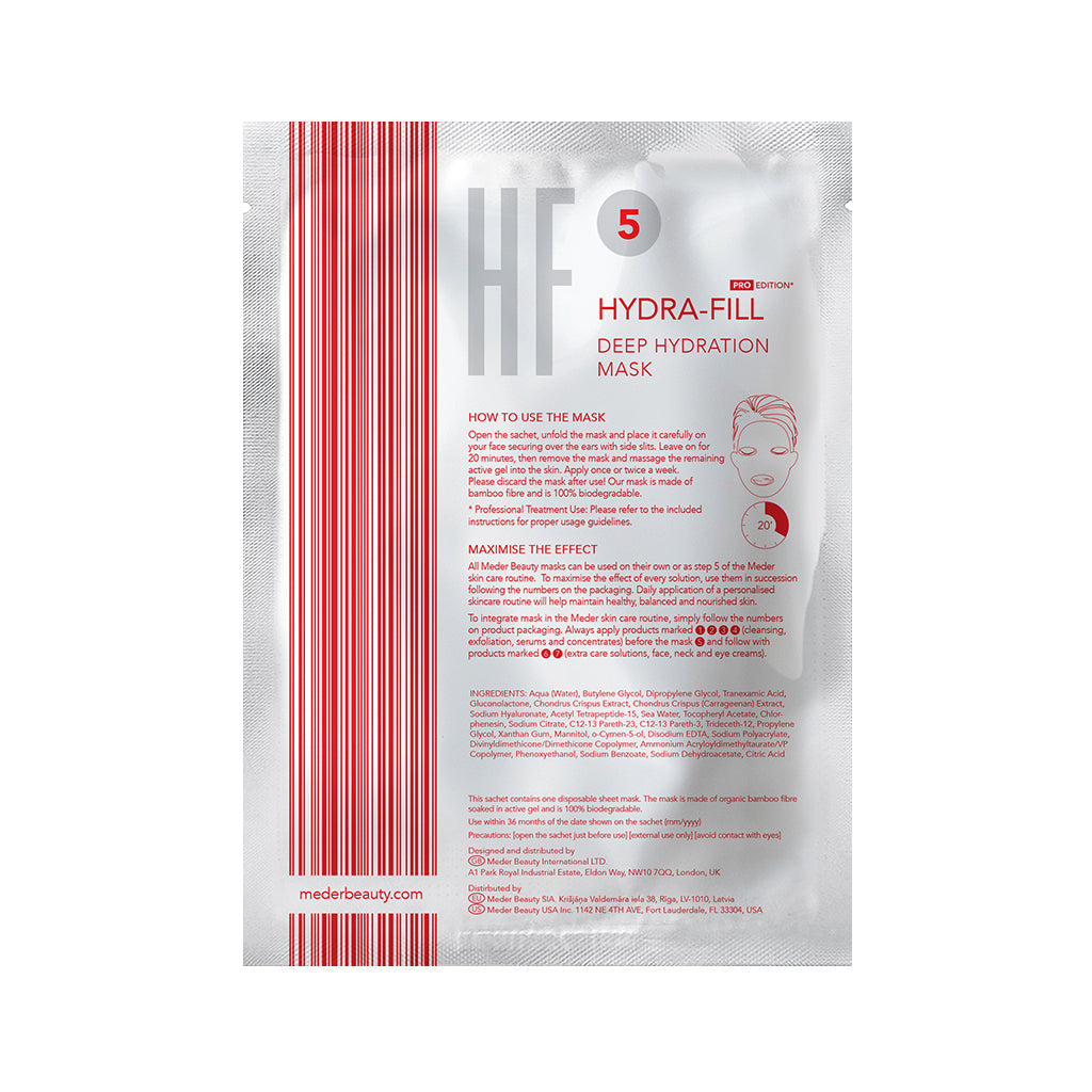 MEDER Hydra-Fill sheet mask sachet, back of pack with usage instructions