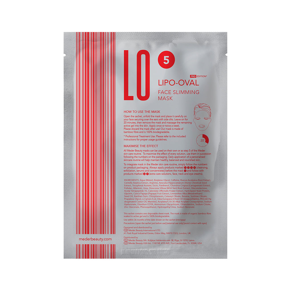 MEDER Lipo-Oval Mask single sachet back panel with usage instructions and ingredient list