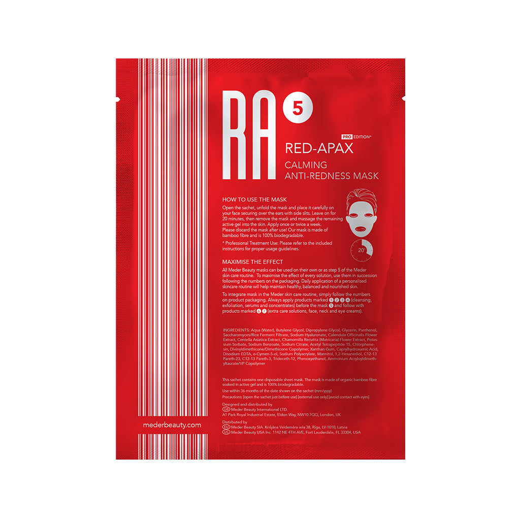 MEDER Red-Apax Calming No-Redness Mask sachet, back view with application instructions and ingredients