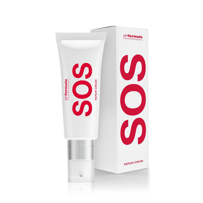 Close-up of phFormula SOS Repair Cream jar with a box