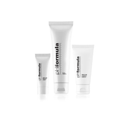 pHformula SPOT ON kit packaging with G.E.L. cleanse, Moisture balance and Blemish active
