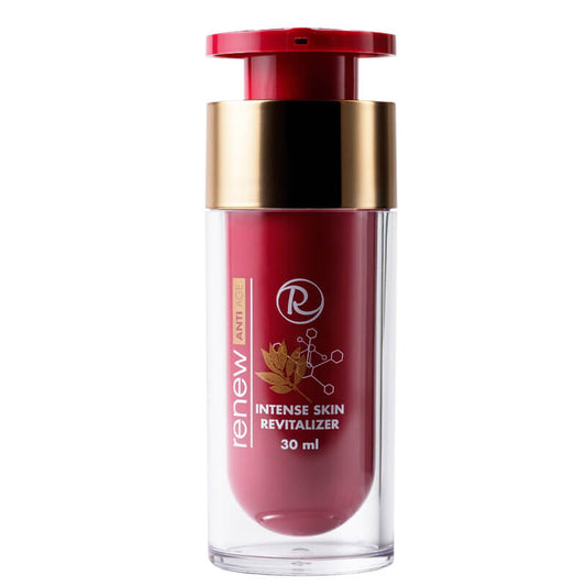 Close-up of Renew Intense Skin Revitalizer bottle – luxurious skin care