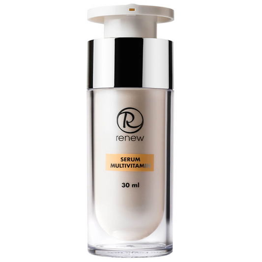 Renew Multivitamin Serum bottle with golden glow on white background