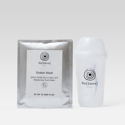 Re[Sens] Apple Stem Cells Peel-Off Shaker Mask sachet next to the 250 ml Re[Sens] mask shaker