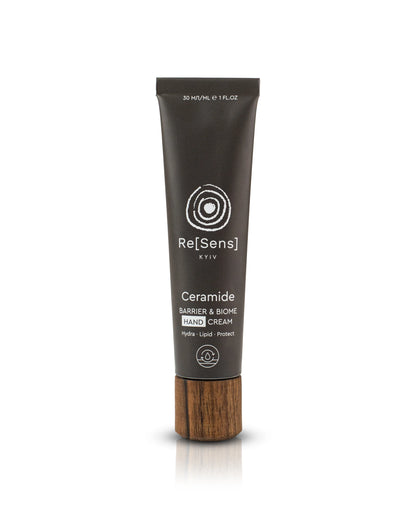 Re[Sens] Barrier & Biome Hand Cream 30 ml aluminium tube with wooden cap, front view