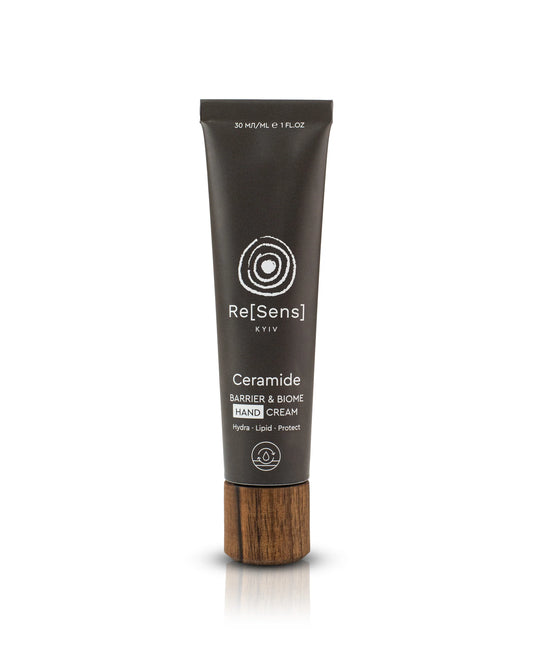 Re[Sens] Barrier & Biome Hand Cream 30 ml aluminium tube with wooden cap, front view