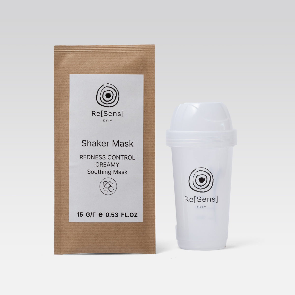 Re[Sens] Redness Control Creamy Shaker Mask sachet next to the Re[Sens] mixing shaker